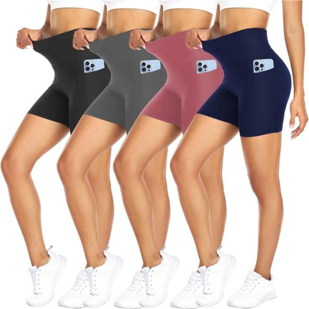 4 Pack  High Waisted Tummy Control Biker‎ Shorts for Women with Pockets
